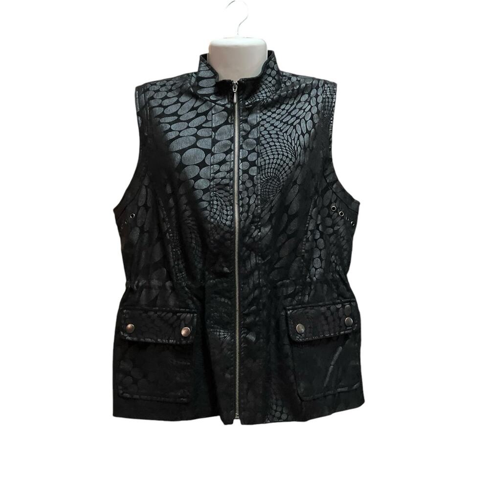 Erin London Women's Black Animal Metallic Full Zip Jacket Vest Pockets SZ Large